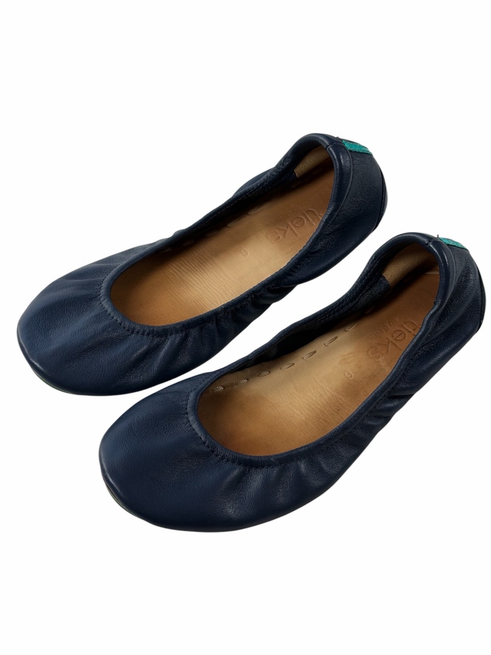 Tieks Navy Blue Leather Ballet Flats with Teal Heel Tab Size 6